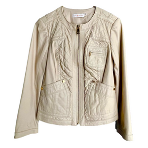 Tory Burch Soft Beige Quilted Leather Jacket Gold Zipper Womens Size XS